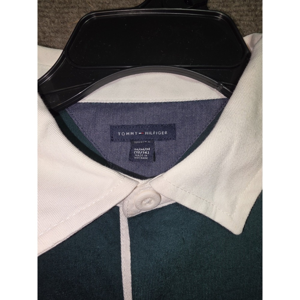 Tommy Hilfiger Boys Green Long Sleeve Rugby Shirt Size M 12-14 Logo Graphic - Picture 3 of 9